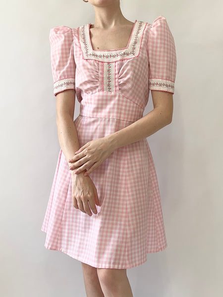 Pink Gingham 1960s Puff Sleeve Mini Dress (XS)