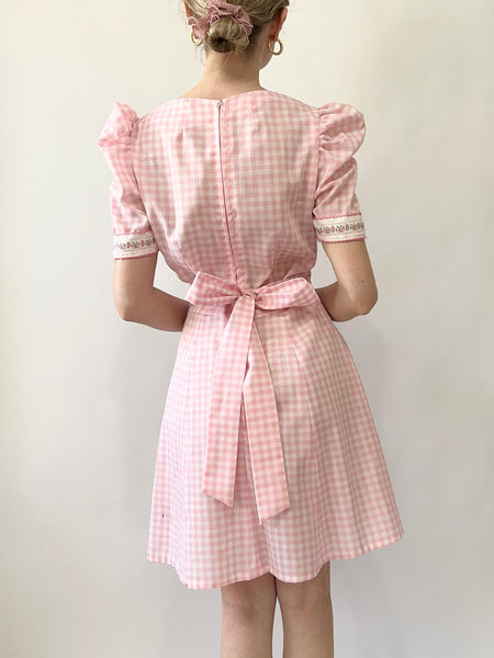 Pink Gingham 1960s Puff Sleeve Mini Dress (XS)