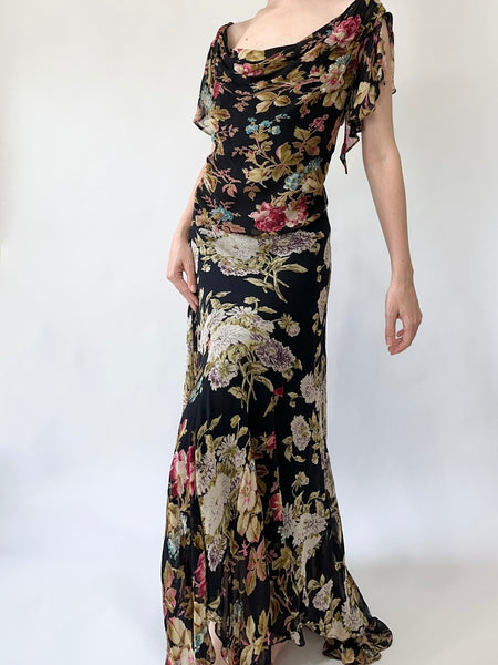 Black Vintage Floral Handkerchief Dress (L)