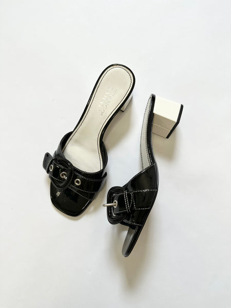 Black Buckle Vintage Patent Kitten Block Heels Mules (7)