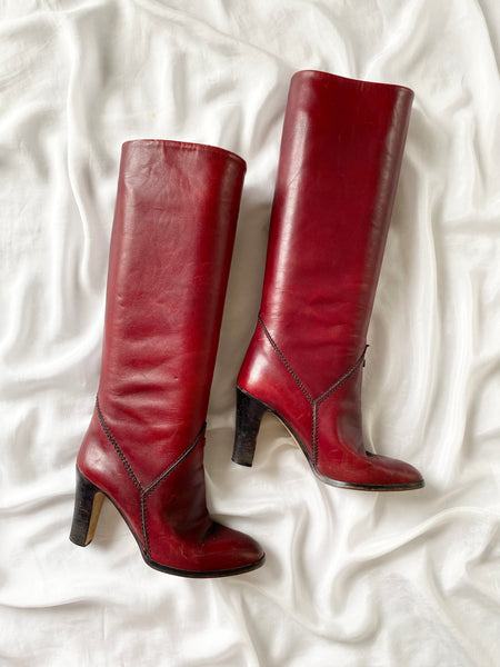 1970s Red Oxblood Italian Leather Heeled Riding Boots (7.5)