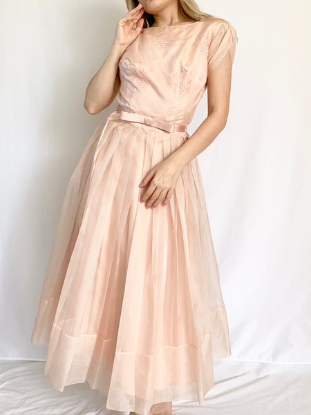 1950s Pink Organza Belted Bow Pleated Party Dress (XS-S)