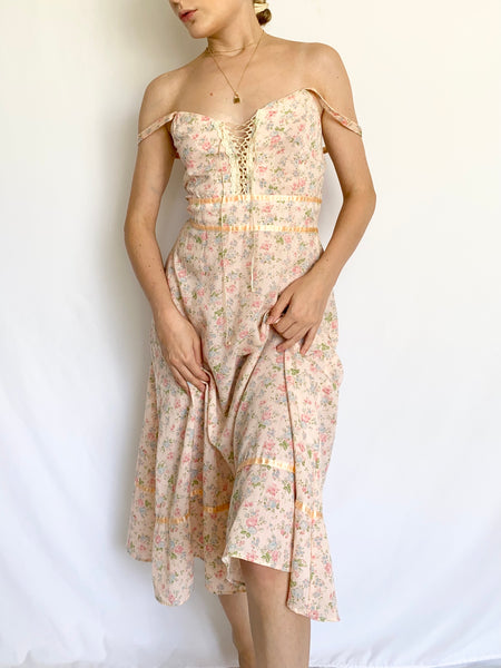 Vintage 1970s Pink Meadow Cotton Prairie Dress (S-XS)