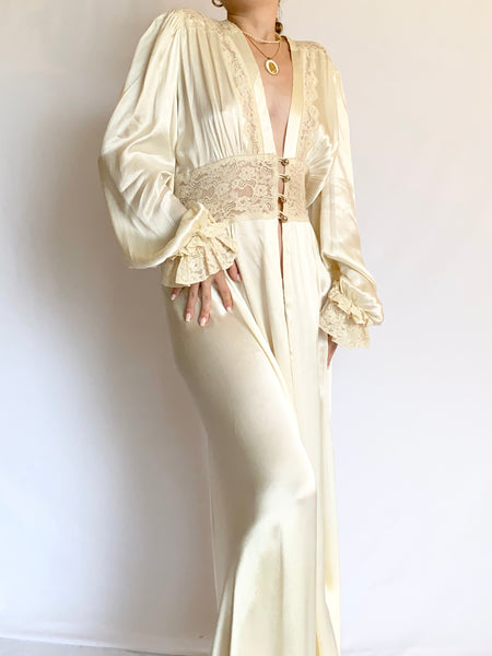 1930s Silk Pearl Ruffle Poet Sleeve Dressing Gown (S-M)