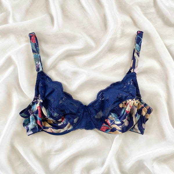 Vintage Victoria's Secret 1980s Navy Blue Floral Bra (32C)