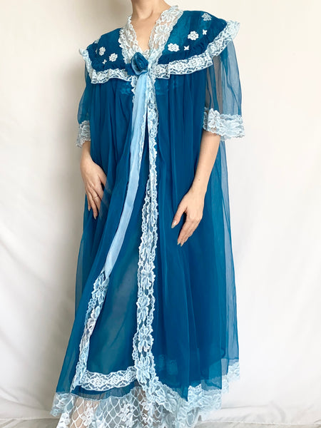 Deep Blue Lace Trim Peignoir and Nightgown Set (S/M)