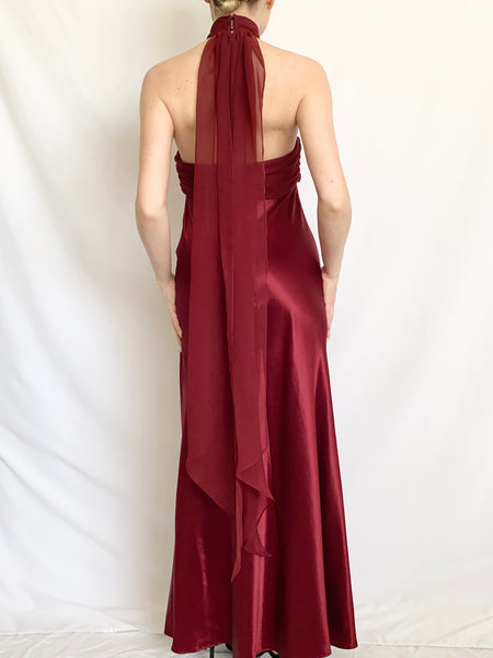 Red Wine Satin Rosette 90s Gown (S)