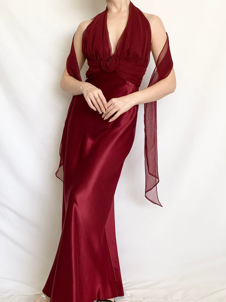 Red Wine Satin Rosette 90s Gown (S)