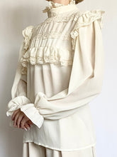 Load image into Gallery viewer, Poet Sleeve Lace Ruffle 1970s Blouse (M)
