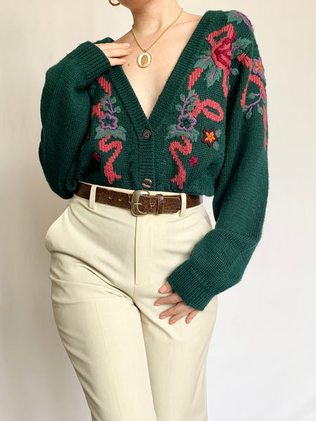 Green Floral Ribbon Embroidered Cardigan