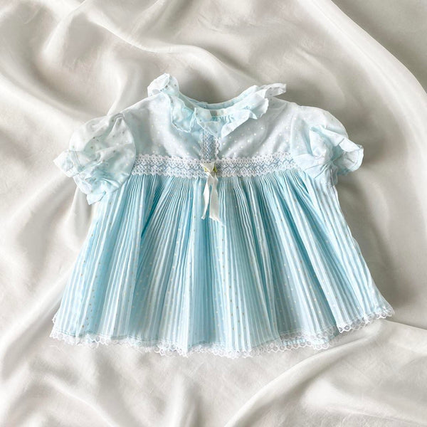 Blue Polka Dot Pleated Baby Dress (Newborn)