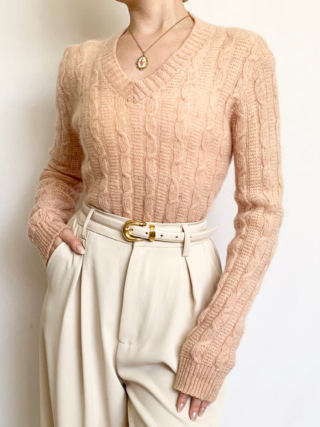 Peach 1950s Mohair V-Neck Cable Knit Sweater (XS)
