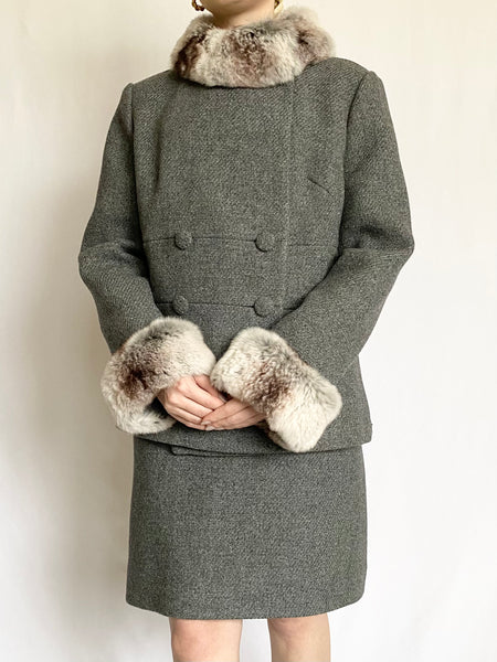 Grey Fur Trim 1950s Wool Coat and Skirt Set (M)