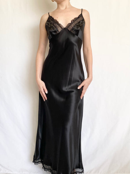Onyx 90s Victoria’s Secret Pure Silk Beaded Slip Dress (XS-S)