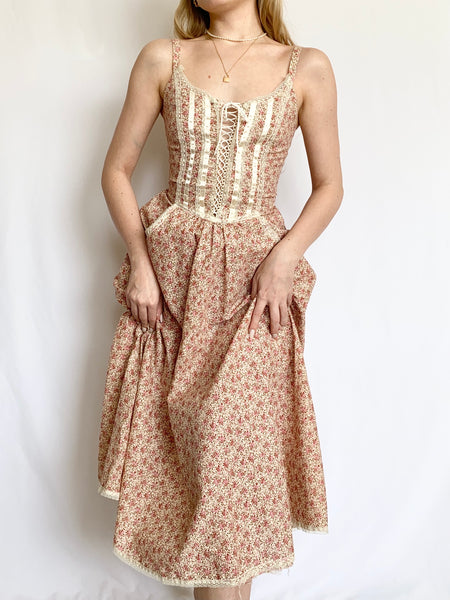1970s Gunne Sax Ditzy Floral Prairie Corset Dress (XS-XXS)