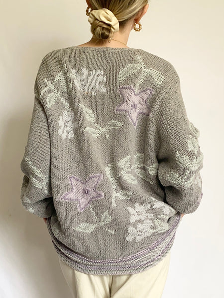Hand Knit Periwinkle Floral Cardigan (M)