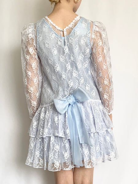 Vintage 1980s Baby Blue Puff Sleeve Lace Dress (XXS)