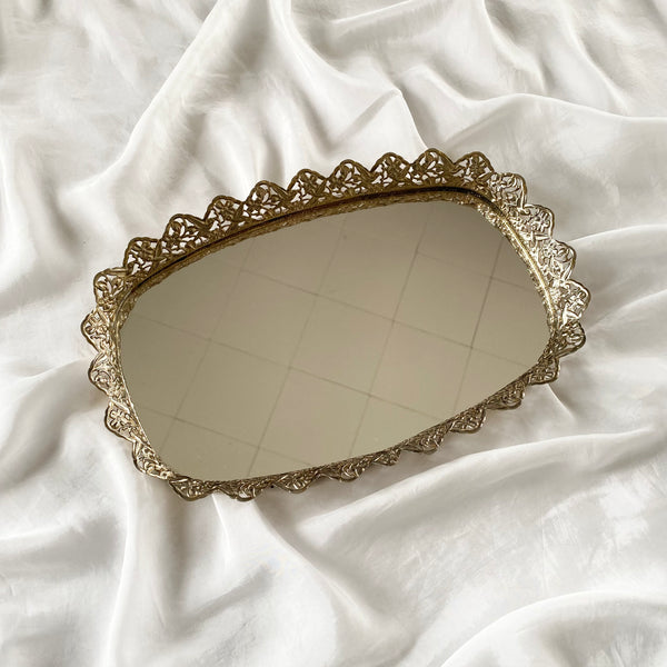 Vintage Hummingbird Brass Mirrored Vanity Perfume Tray