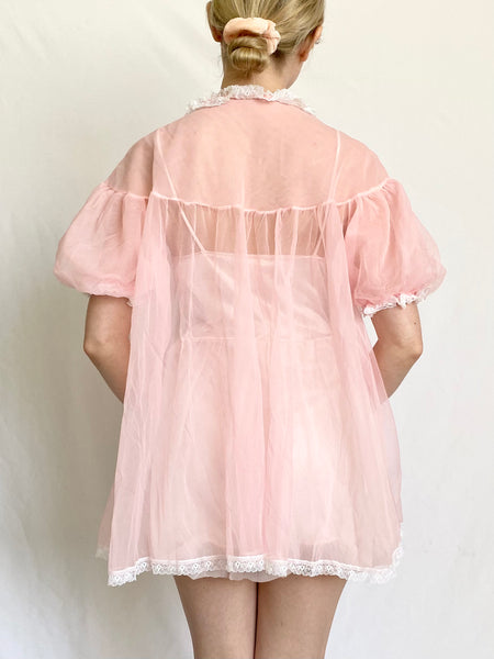 Sweet Like Candy 1960s Bubblegum Pink Puff Sleeve Peignoir (XS-XXS)