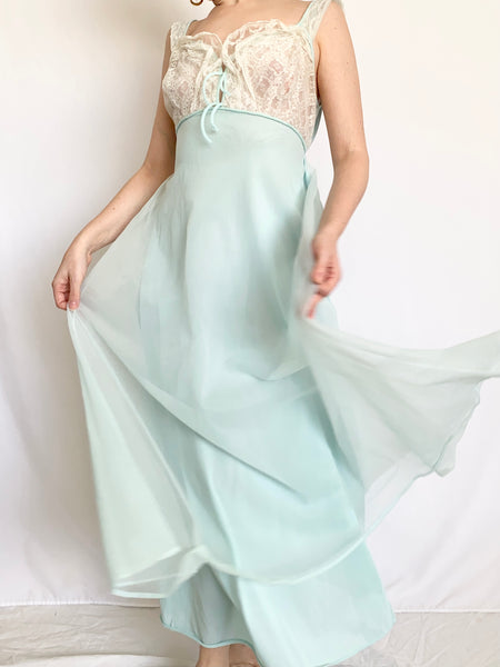 Baby Blue 1950s Vintage Nylon Peignoir & Nightgown Set (S)