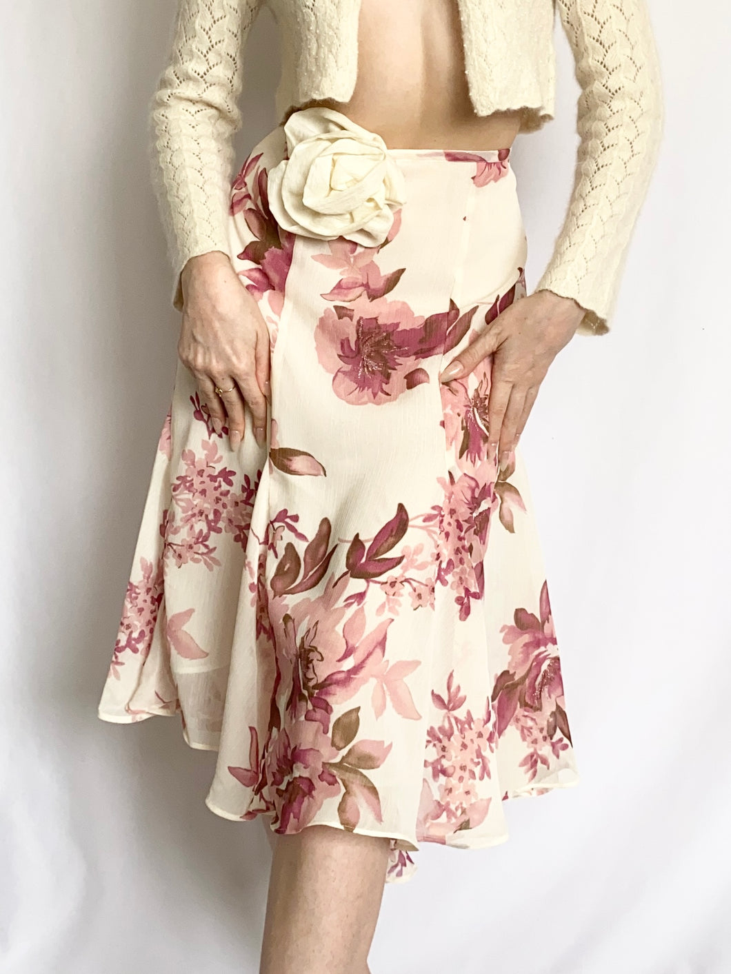Vintage Silky 2000s Rose Midi Skirt (XL)