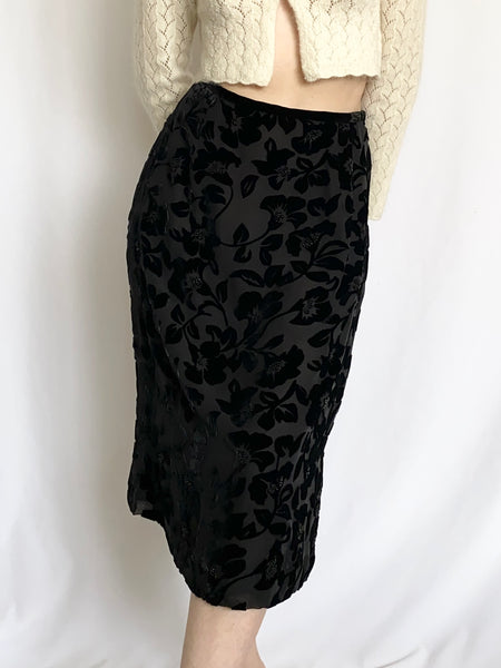 Vintage 1990s Black Silk Velvet Rose Midi Skirt (6)