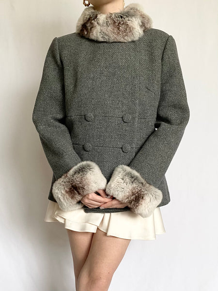 Grey Fur Trim 1950s Wool Coat and Skirt Set (M)