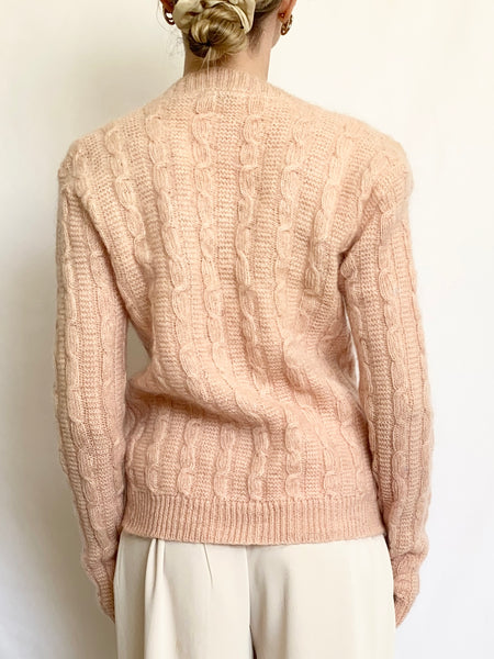 Peach 1950s Mohair V-Neck Cable Knit Sweater (XS)