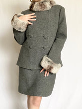 Load image into Gallery viewer, Grey Fur Trim 1950s Wool Coat and Skirt Set (M)
