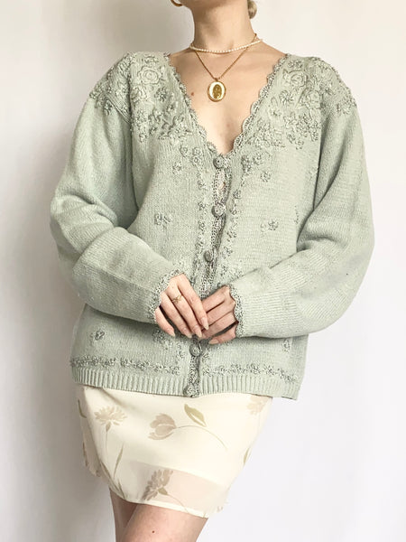 Sea Foam Romantic Pearl Embroidered Cardigan Sweater (S)