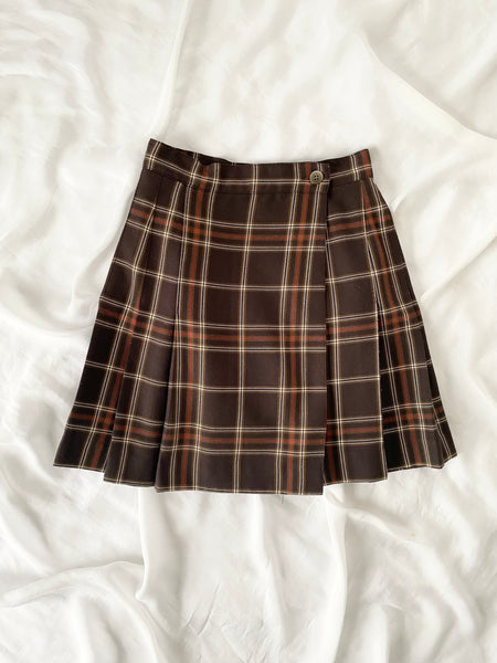 Brown Plaid Vintage Pleated Mini Skirt (XS)