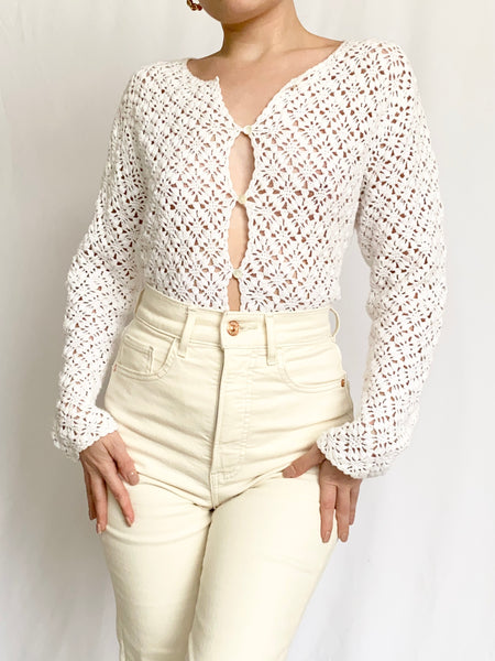 White Crochet Button Up Blouse (S)