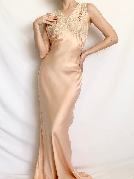 Antique 1930s Pure Silk Pink Bias Gown (XS)