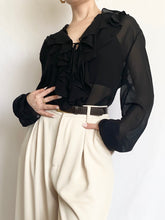 Load image into Gallery viewer, Black Silk Ruffle Blouse (M)
