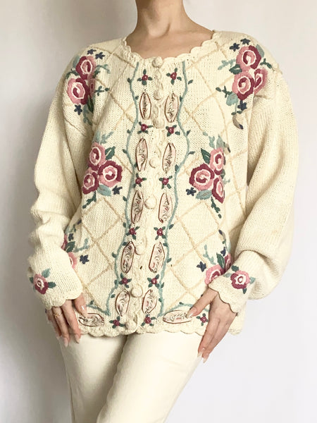 Romantic Embroidered Rosette Cardigan Sweater (S)