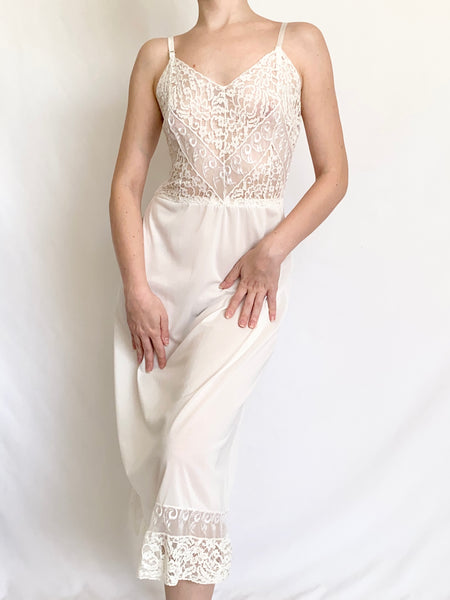 Sheer White Lace Bodice Vintage Slip Dress (XS)