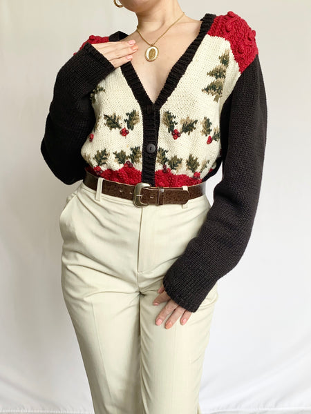 Holiday Holly Button Up Cable-Knit Cardigan