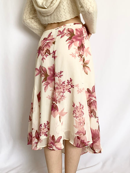 Vintage Silky 2000s Rose Midi Skirt (XL)