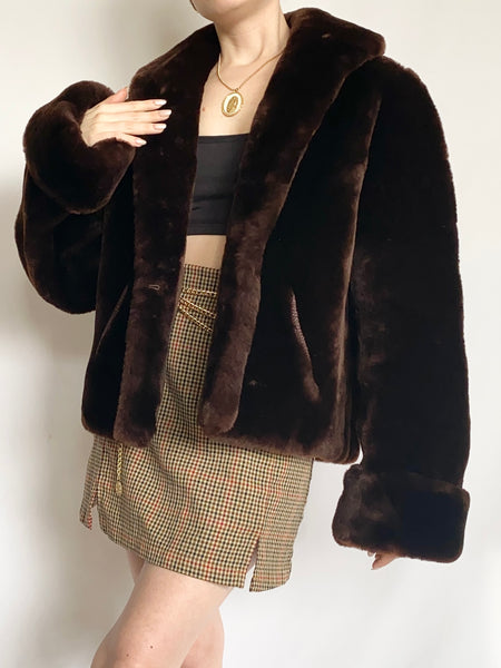 Cocoa Brown 1960s Faux Fur Vintage Coat (M)