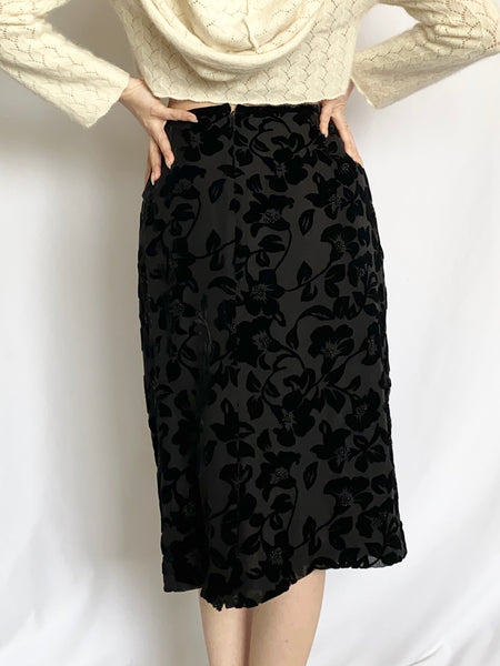 Vintage 1990s Black Silk Velvet Rose Midi Skirt (6)
