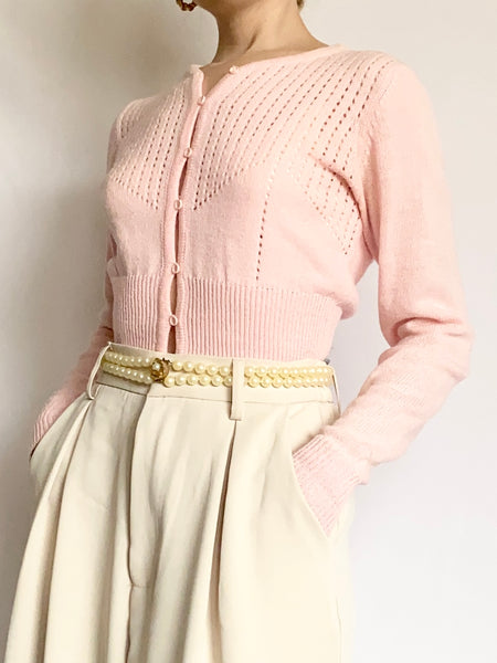 Pink 1950s Pointelle Cardigan (XS)