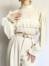 Load image into Gallery viewer, Poet Sleeve Lace Ruffle 1970s Blouse (M)

