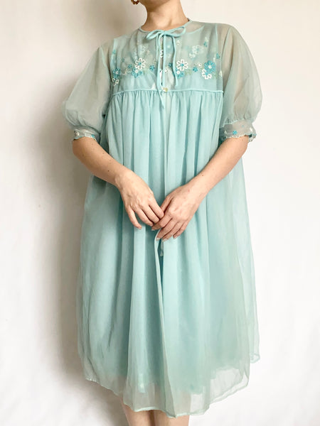 Blue 1960s Groovy Flower Peignoir and Nightgown Set (S)
