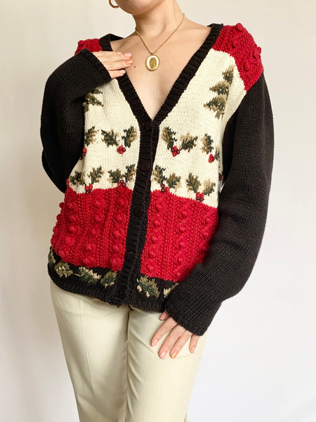 Holiday Holly Button Up Cable-Knit Cardigan