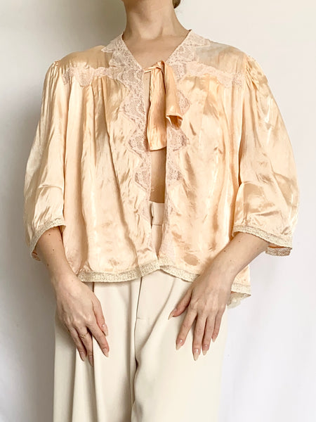 Peach Pink 1940s Satin Crepe Bed Jacket (M)