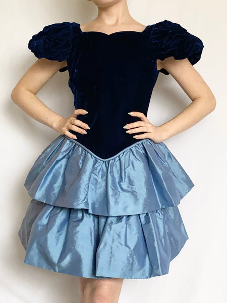 Blue Velvet Vintage 1980s Puff Sleeve Taffeta Mini Dress (XXS)