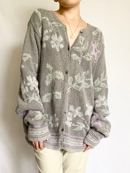 Hand Knit Periwinkle Floral Cardigan (M)