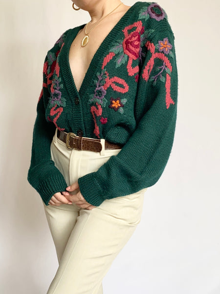 Green Floral Ribbon Embroidered Cardigan